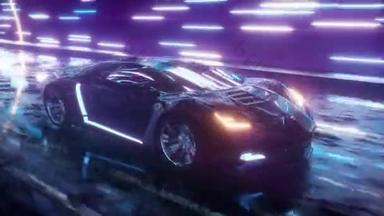 具有霓虹灯背景的未来跑车高速驾驶。无缝圈